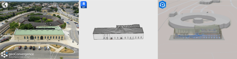 Side-by-side comparison of a building's digital twin. Left: Real world image of the building. Center: 3D hidden line model created in Autodesk Revit set to grayscale. Right: 3D model with realistic color and geolocation imported into ArcGIS Indoors Information Model (AIIM).